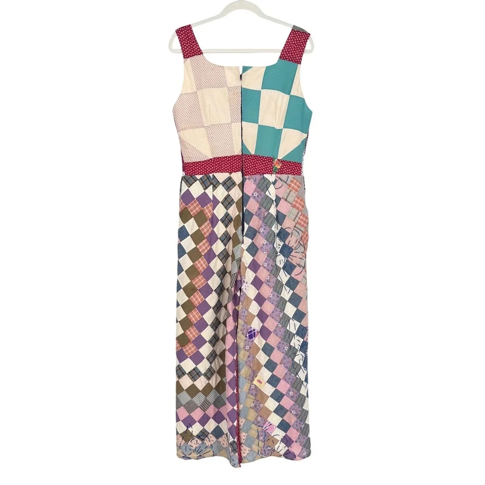 Antique Patchwork Quilt Jumpsuit Sz M Handmade Wide Leg Lined Cottagecore Artsy